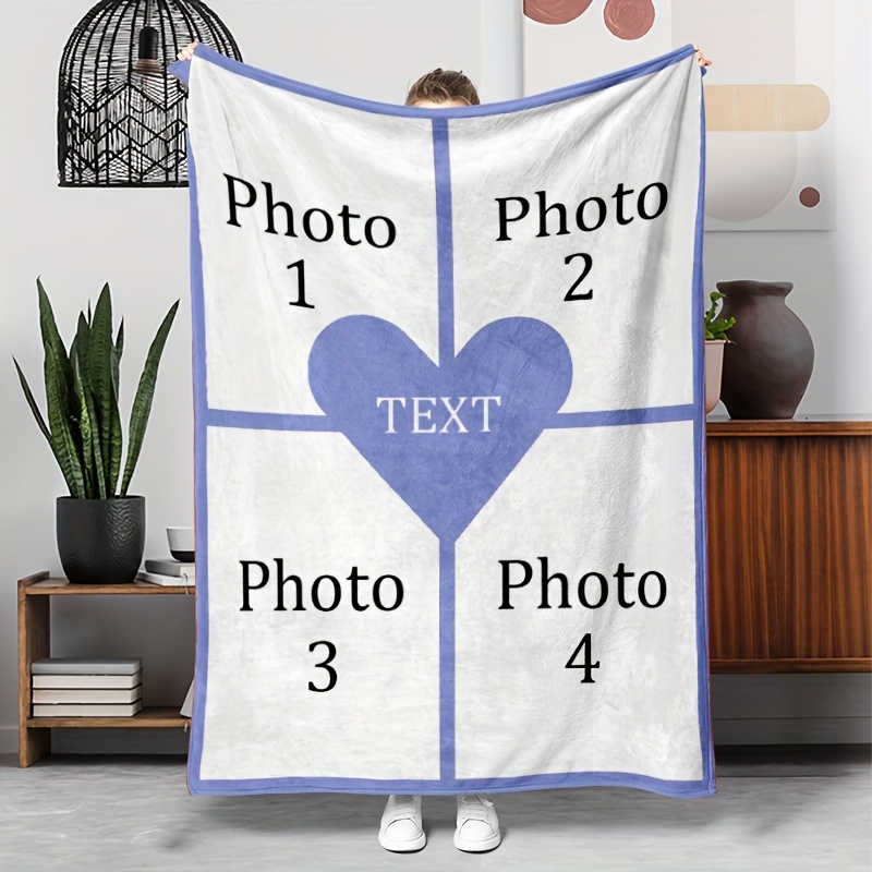 Personalized Photo Heart Pattern Flannel Blanket - Gift for Family