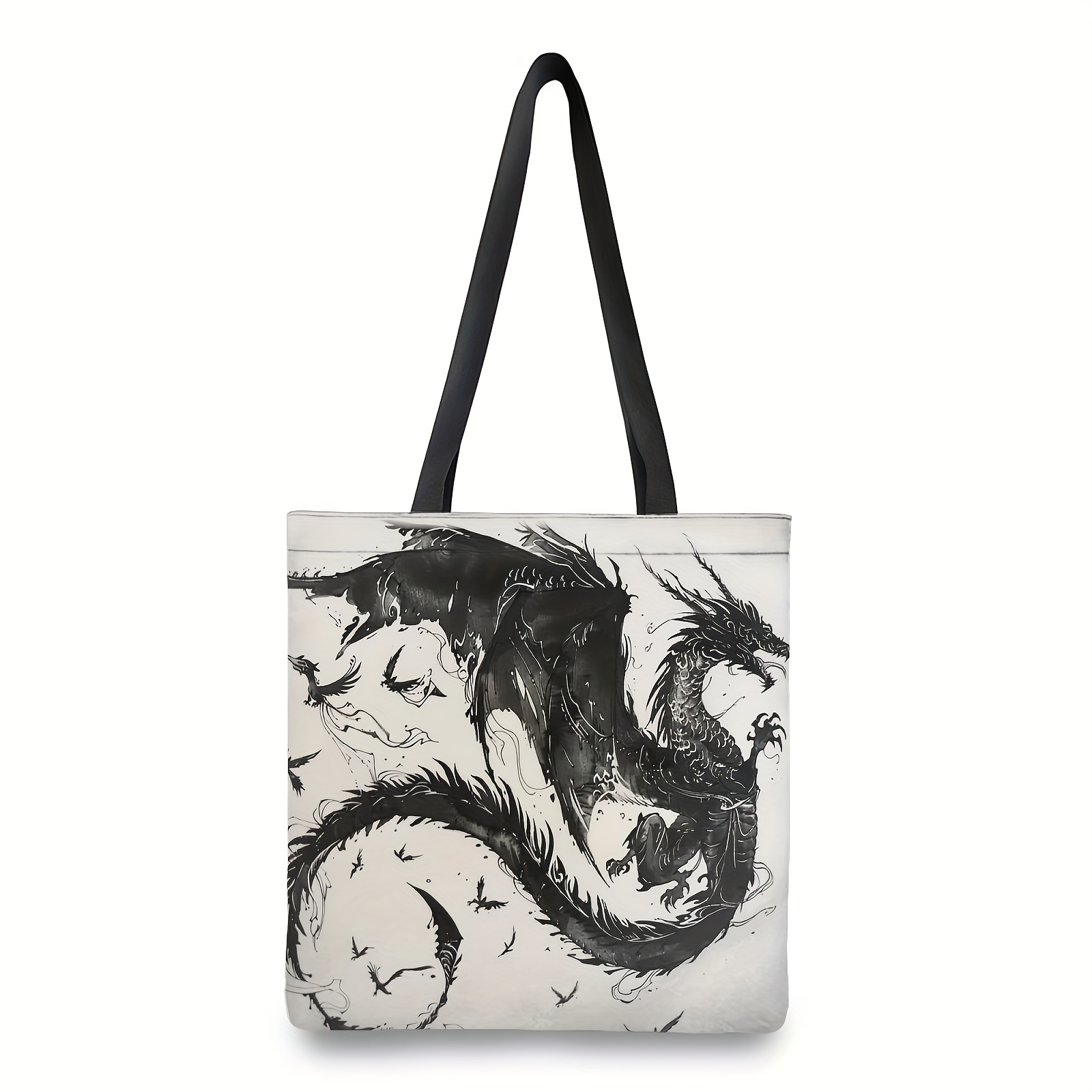 

1pc Artistic Canvas Tote Bag - Large, Polyester Women's Shopper With Black Handles | Ideal For Beach, Travel, School, & Shopping | High-quality Reusable Grocery Bag Featuring Intricate Dragon Design