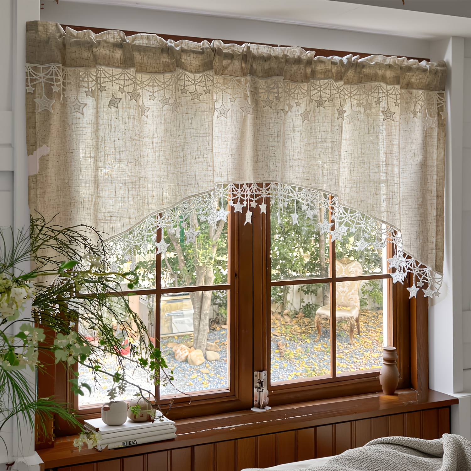 TEMU Cortinas de estilo francés, de color liso superior arqueada y de estrella, adecuadas para paneles de filtro de cocina, porche y comedor,