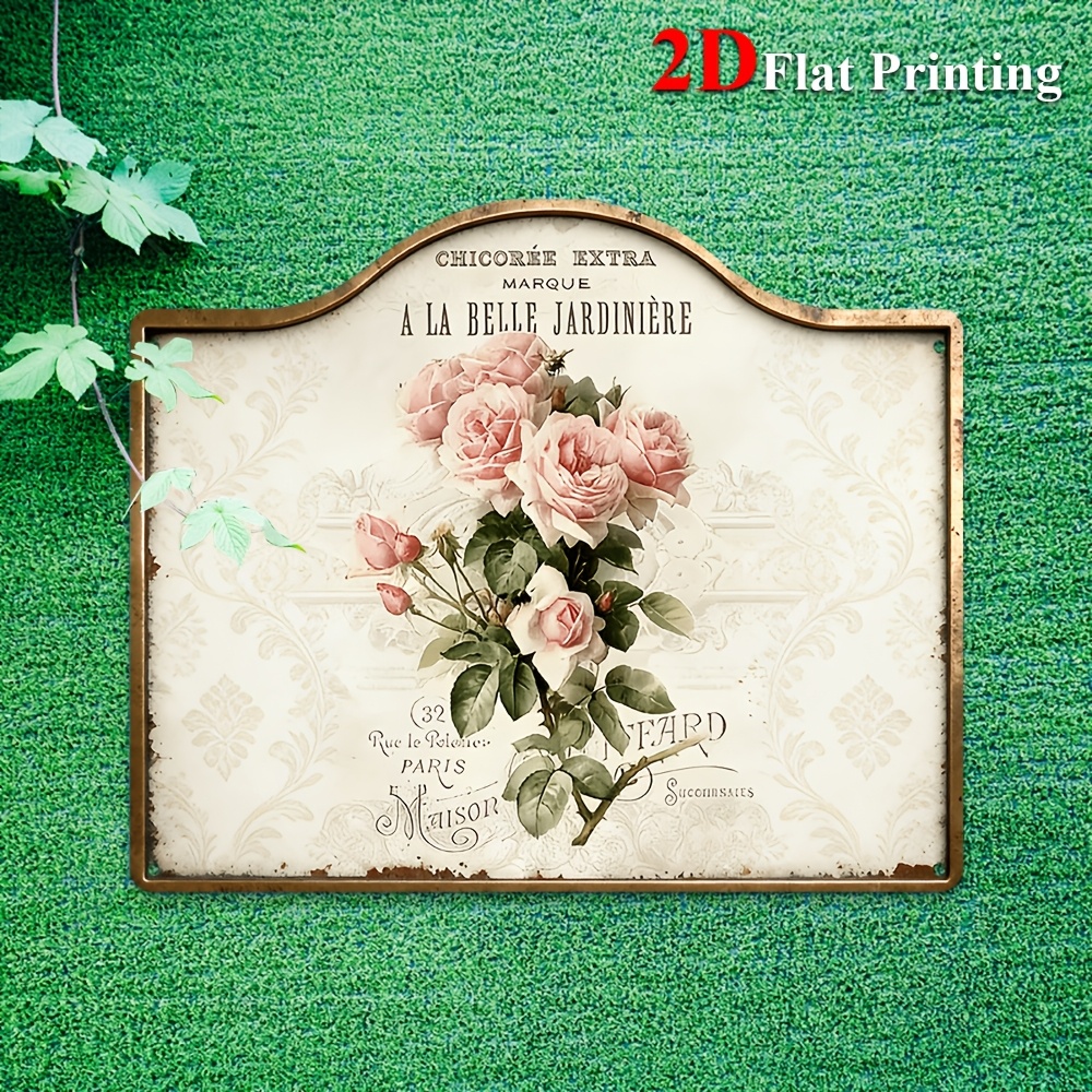 TEMU 2d Flat - 1pc 2d Flat Roses And Green Leaves On Metal Artwork | Perfect For Farmhouse Kitchen, Rustic Living Room, Or Cozy Bedroom Decor,