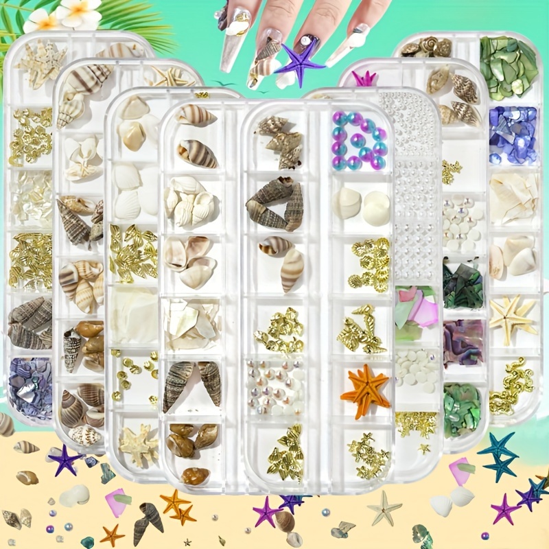 

Ocean Storm Nail Art Charms - 12 Grids Mixed Natural Starfish, Conch Shell Slices & Abalone Fillet For Diy Manicure Decorations, Fragrance-free Foot, Palm & Nail Care Accessories