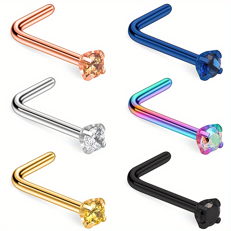 

6-piece L-shaped Stainless Steel Nose Piercings With Zirconia Gemstones - Perfect For Everyday Wear And Vacations