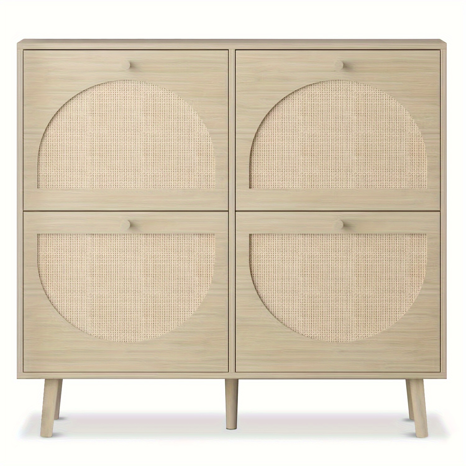 

1pc 2 Rows Of 4 High-legged Round Rattan-faced Shoe Cabinets, Density Board With Melamine, 105*24*98cm, Natural Wood Color