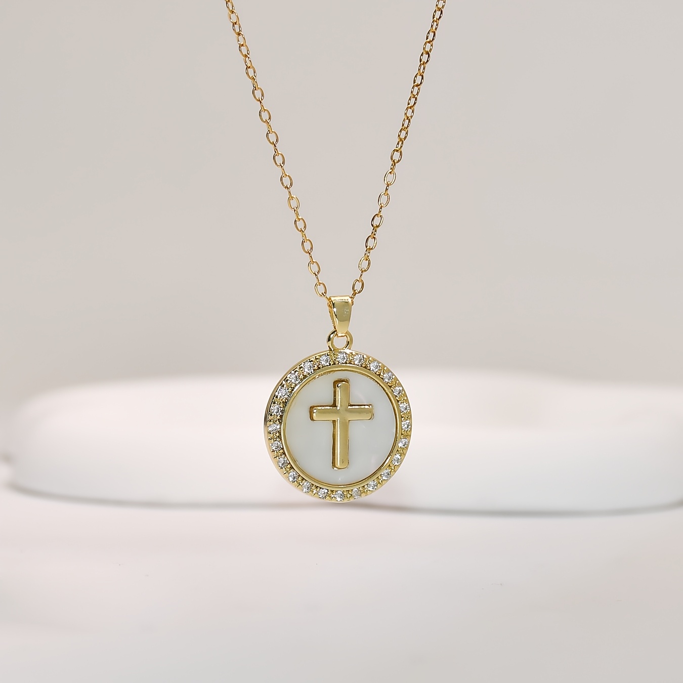 Image of 1pc Golden-tone Round Cross Pendant Necklace - Stainless Steel Chain, Elegant For Casual Attire &, Durable Religious Jewelry For Women 15+