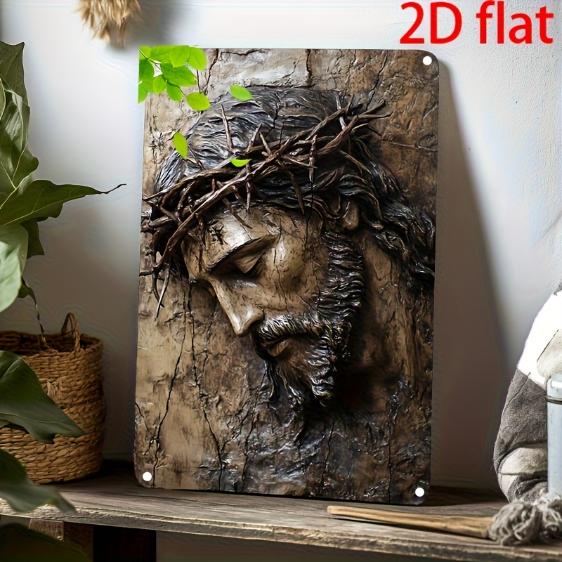 TEMU 2d Flat, Vintage Jesus Relief Sculpture Metal Wall Art - Flat 2d Spiritual Decor With Thorn Crown & Weathered Texture, Handcrafted Emotional