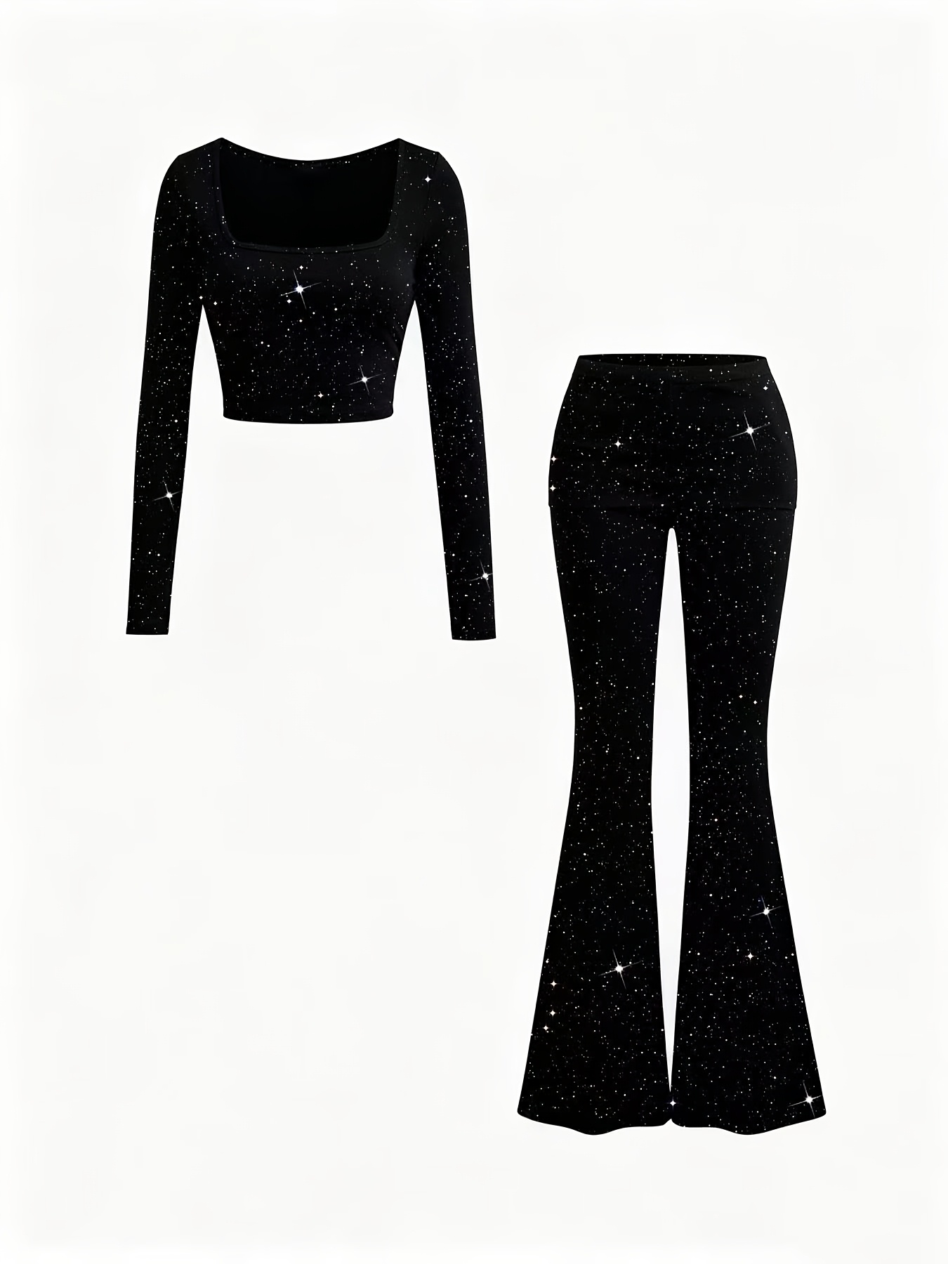 casual womens set spring summer sparkling square neck long sleeve t shirt and flared pants