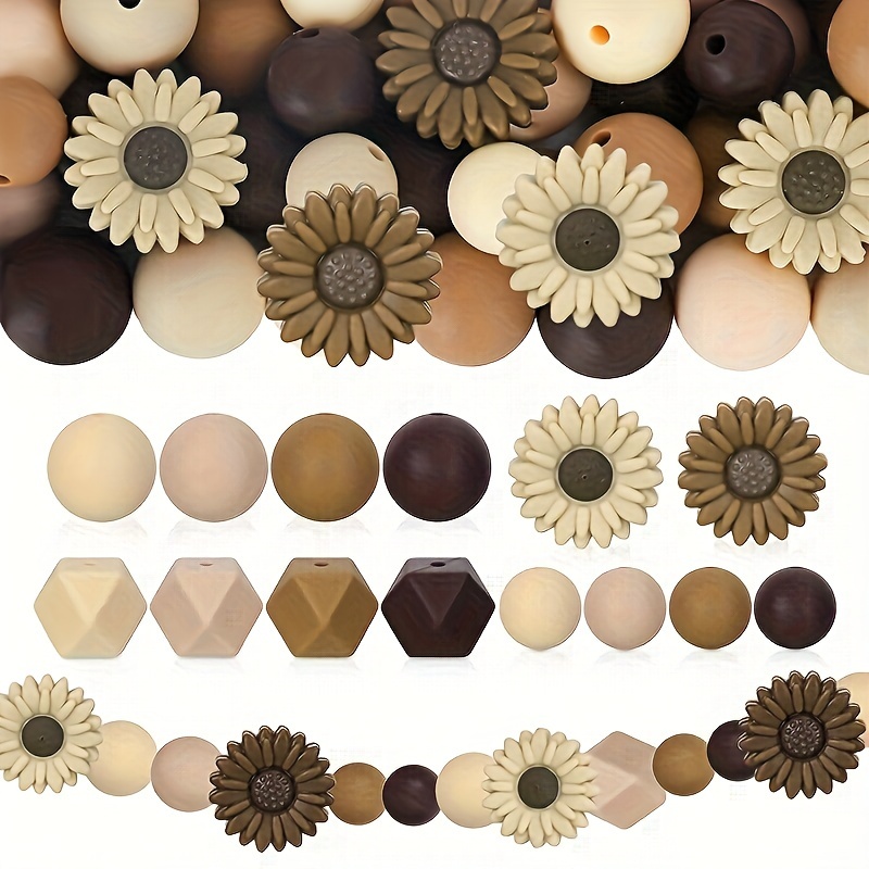 

64pcs Silicone Daisy Flower Brown Series Round Hexagonal Multiple Styles Loose Spacer Beads For Jewelry Making Diy Necklace Bracelet Key Bag Chain Pen Beads Craft Supplies