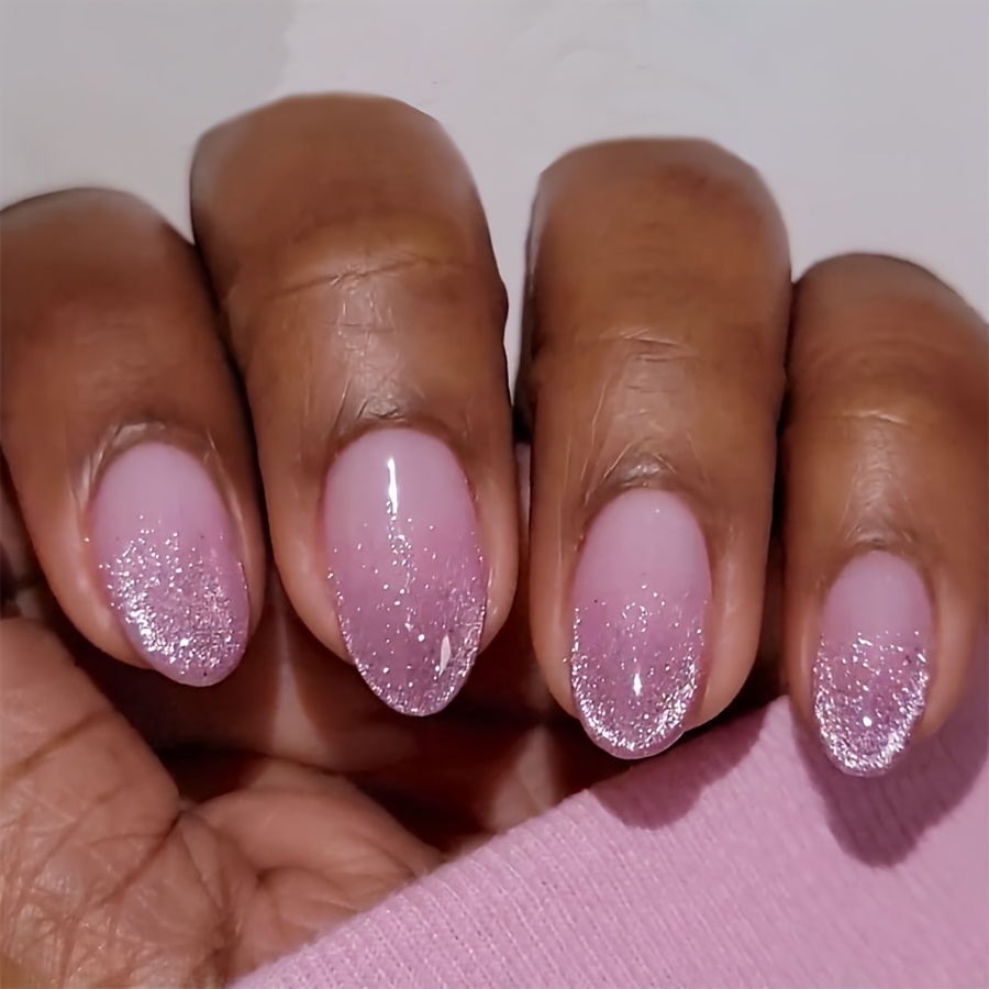 Image of 24pcs Purple Gradient Nails Silvery Glitter Gradient Fake Nails French Flash Press On Nails Short Almond Shape False Nails Manicure Set Includes 1sheet Adhesive Tabs And 1pc Mini File Wear