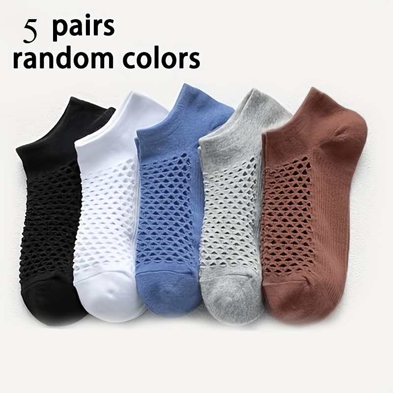 TEMU 5-pair Random Color Unisex Hollow-out Breathable Ankle Socks, Large Mesh Hole Solid Color No-show Socks, Suitable For , Sports, Leisure, And