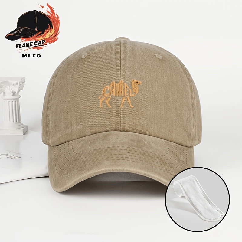 TEMU 2pcs ( Cap And Sweatband) Camel Pattern Embroidered Washed Baseball Cap, Adjustable Vintage Classic Dad Hat. Lightweight, Comfortable, And