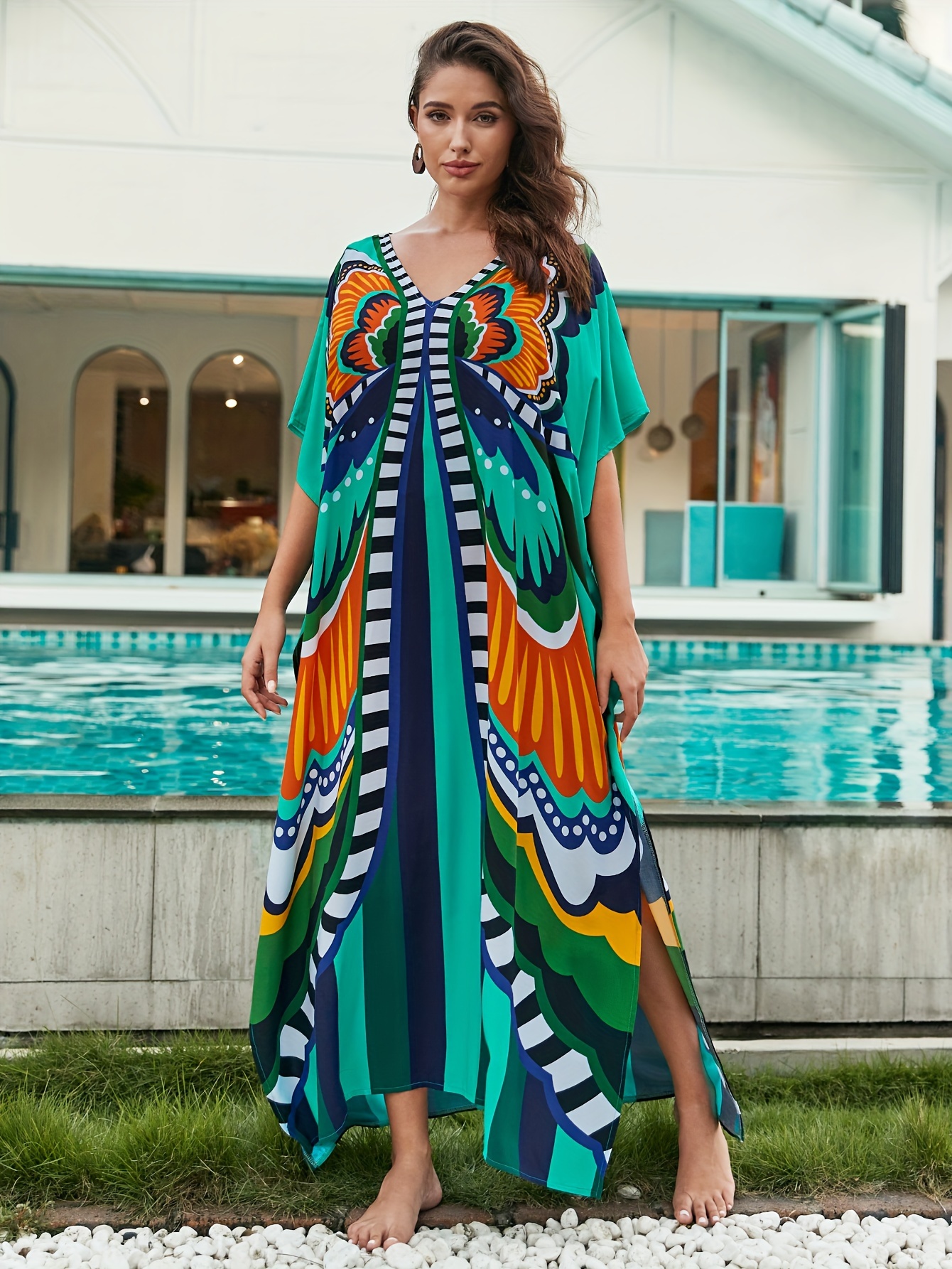 Kimono maxi dress Women Bathing Suit Cover Up Ethnic good Print Kaftan Beach Maxi DressesBohemian Floral One Size