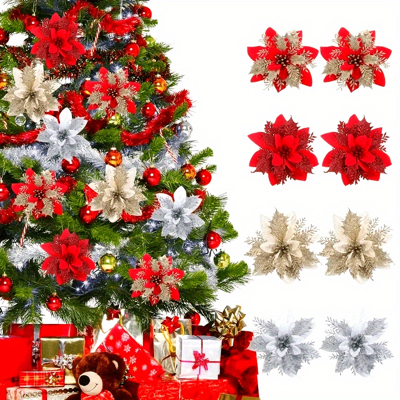 20 Poinsettias Scintillants Pour Décorer Noël - Fleurs Artificielles Avec Paillettes Et Clips Inclus - 9
