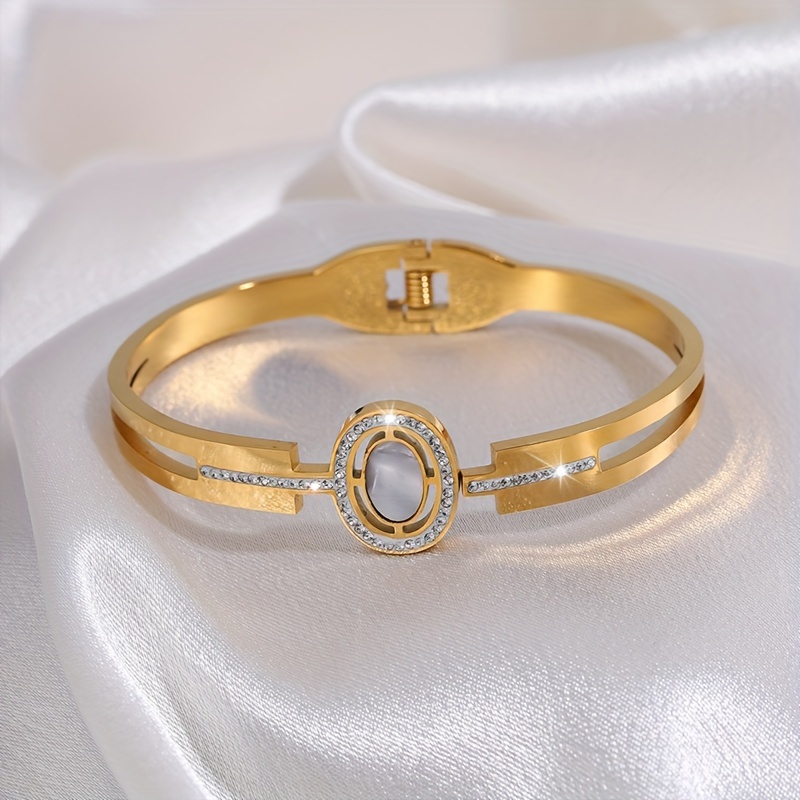 Elegant Stainless Steel Open Cuff Bracelet with Rhinestone Accents - Perfect Gift for Her, Suitable for Casual Attire & Special Occasions details 3