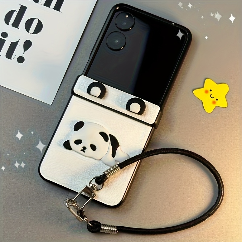 TEMU Phone Case: Cute Panda Flip Phone Case With Wrist Strap, Suitable For Galaxy Z Flip 3 4 5 6 7 Flip Phone Case, Fashionable Phone Case, Cute
