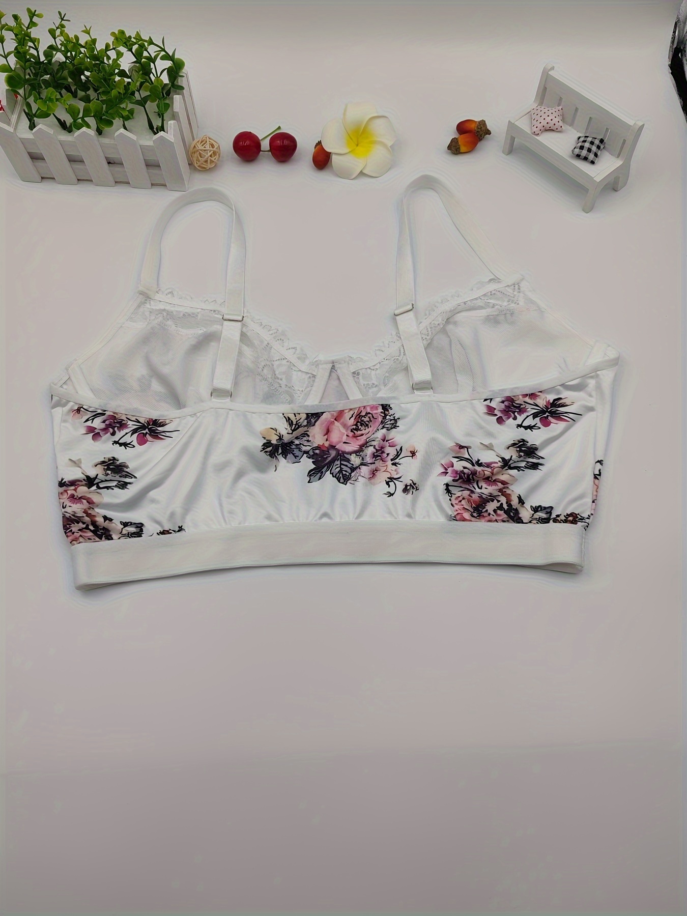 Plus Size Elegant Bra, Women's Bow Decor Floral Print Contrast Lace Fashion Bralette