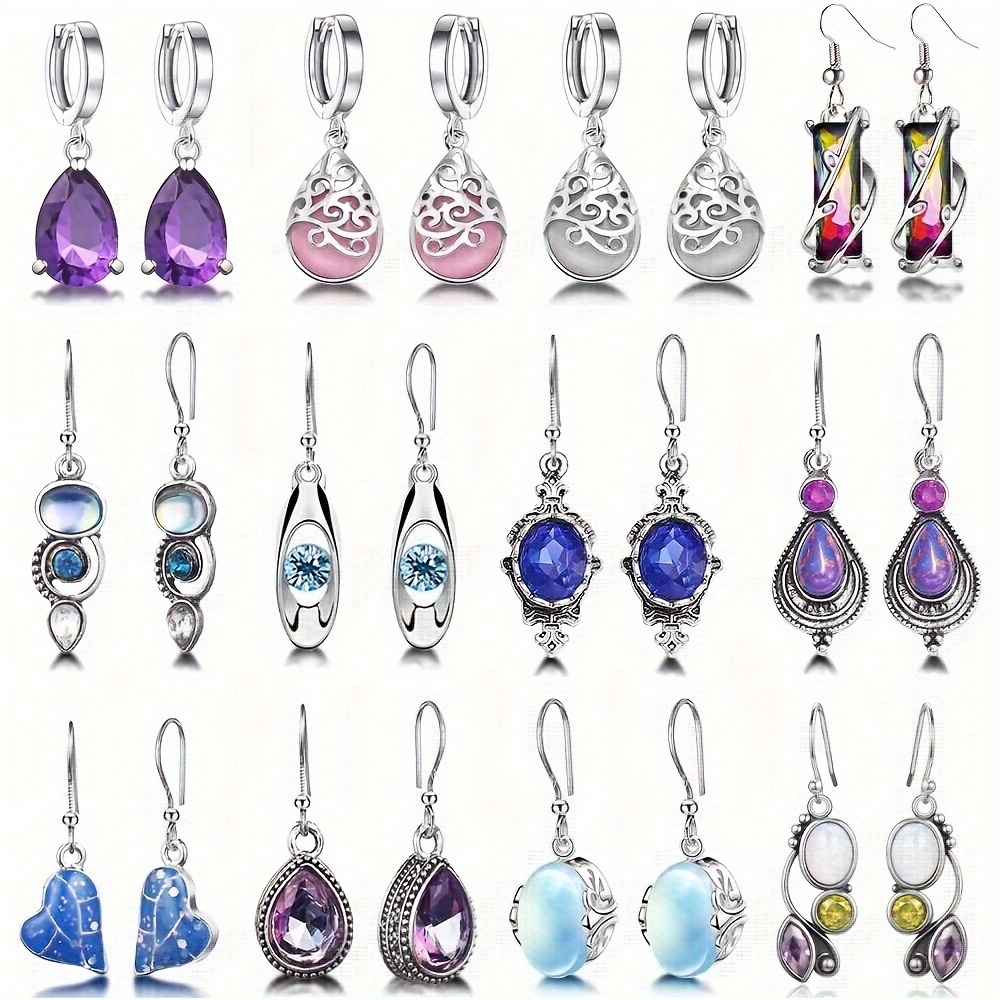 

12 Pairs/ Set Colorful Shiny Artificial Crystal Decor Dangle Earrings Bohemian Elegant Style Zinc Alloy Jewelry Delicate Female Gift