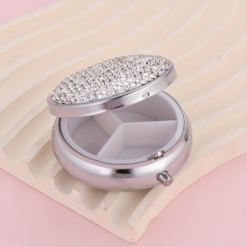TEMU 1pc Round Rhinestone Pill Box, Sparkling Portable Medicine Organizer For Vitamins And Supplements, Moisture Proof Crystal Storage Case With