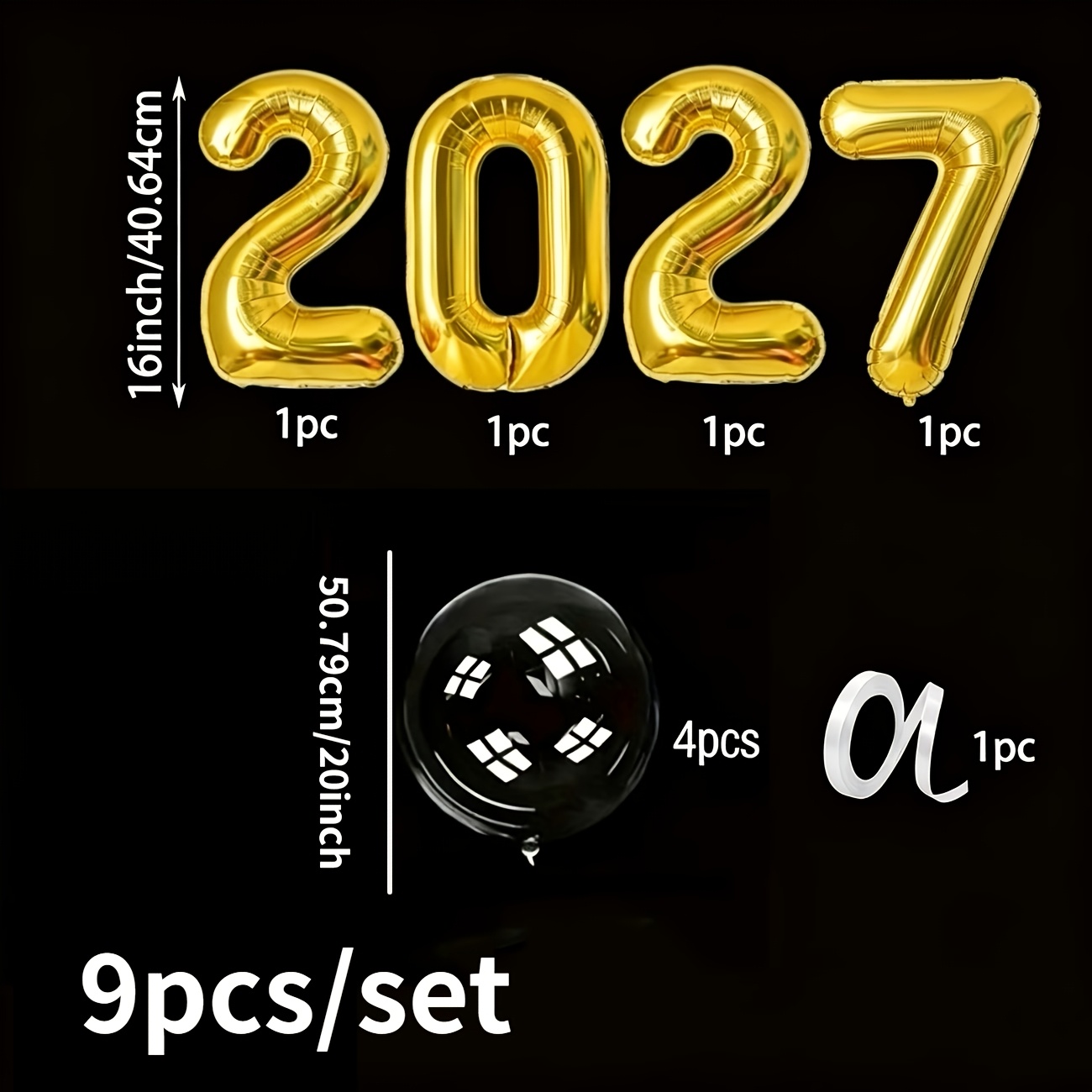 TEMU 9pcs Transparent Popo Ball Digital 2027 Film Balloon Set, Including 8pcs Balloons And 1pc Ribbon, Suitable For New Year's Day, , Themed Birthday
