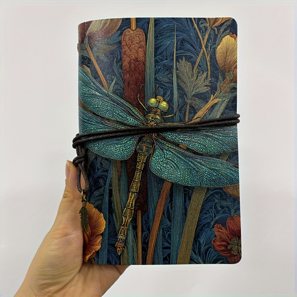 TEMU 1pc A6 Beautiful Journal Decorated With Vintage Style Ultra Thick Design Fit For And Business Diaries With Dragonfly, Flowers, Reeds, Greenery