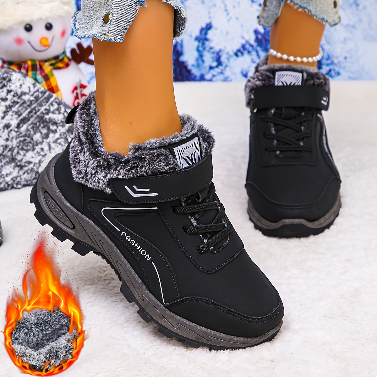 Women's Fashion Round-toe Slip-on Short Boots, Black And Red, Warm Casual, Comfortable And Versatile For Vacation And Travel, Women Shoes