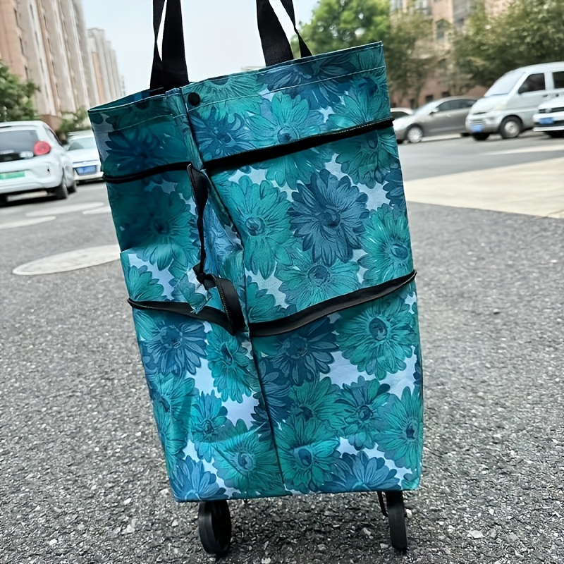 1pc Durable Oxford Fabric Shopping Trolley Bag with Wheels - Foldable, Washable, Multi-Functional Non-Woven Tote, Lightweight, Portable, Waterproof, Shatterproof, Rectangular Grocery and Storage Carryall