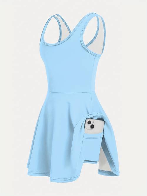 girls solid sleeveless back cross tennis dress jumpsuit with built in shorts and side pockets riding outfit athletic wear