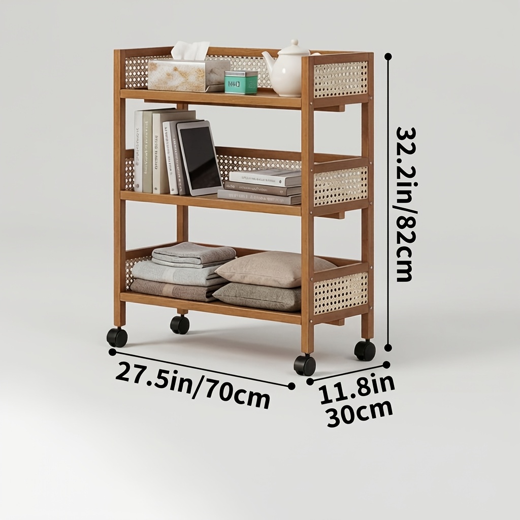 Image of Mobile 3-tier Utility Cart With Wheels, Space- Wooden Rolling Trolley With Rattan Design, Versatile Storage Rack For Kitchen, Bathroom, Bedroom, In 35/50/70cm, Standing Shelf