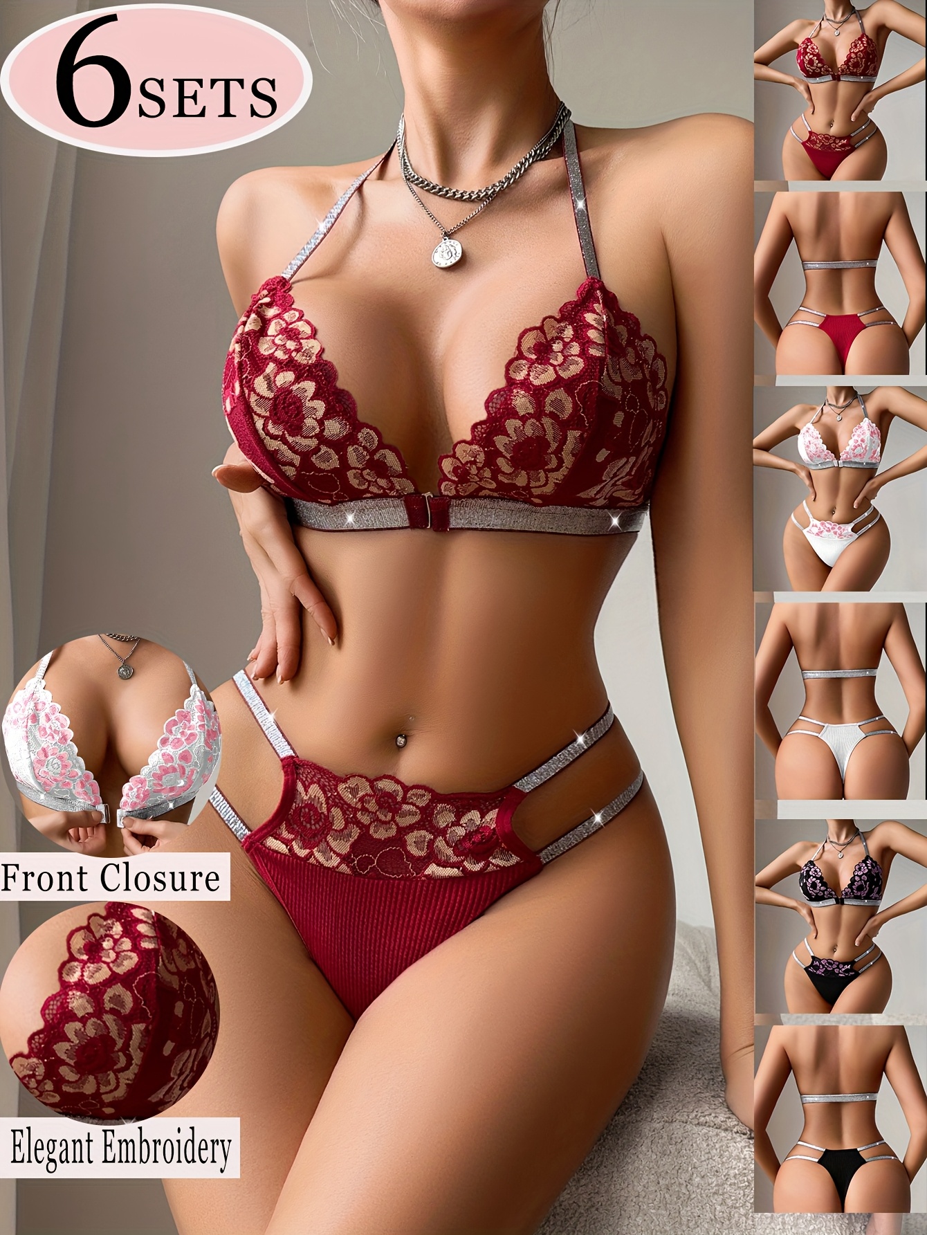 6 Sets Elegante Dameslingerie Sets – Halternek BH met Voorsluiting, Geborduurd – Stijlvolle Bikinibroekjes – Zacht, Ademend en Comfortabel – Perfect voor Valentijnsdag en Romantische Dates – Verfijnde en Dameslingerie en Slipjes
