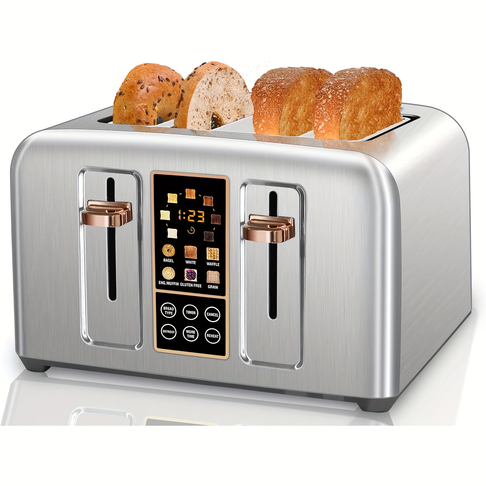 

Toaster 4 , Stainless Toaster Lcd Display, Touch Buttons, 6 Bread Selection, 7 Shade Settings, 1.4''wide Slots Toaster Cancel, Defrost, Reheat, Removable Crumb Tray, 1800w