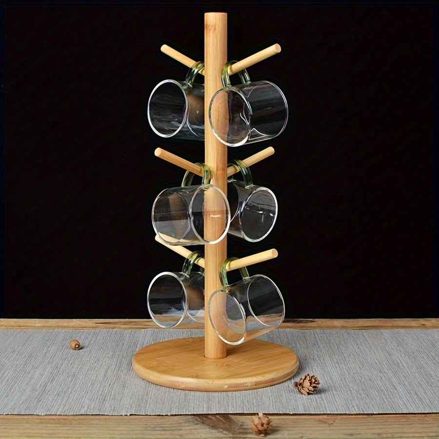 TEMU 1pc, Three-tier Bamboo Cup Holder Stand, Casual Style, Easy To Install, Bamboo Material, For Coffee, Tea, Glass Mugs, And Cups