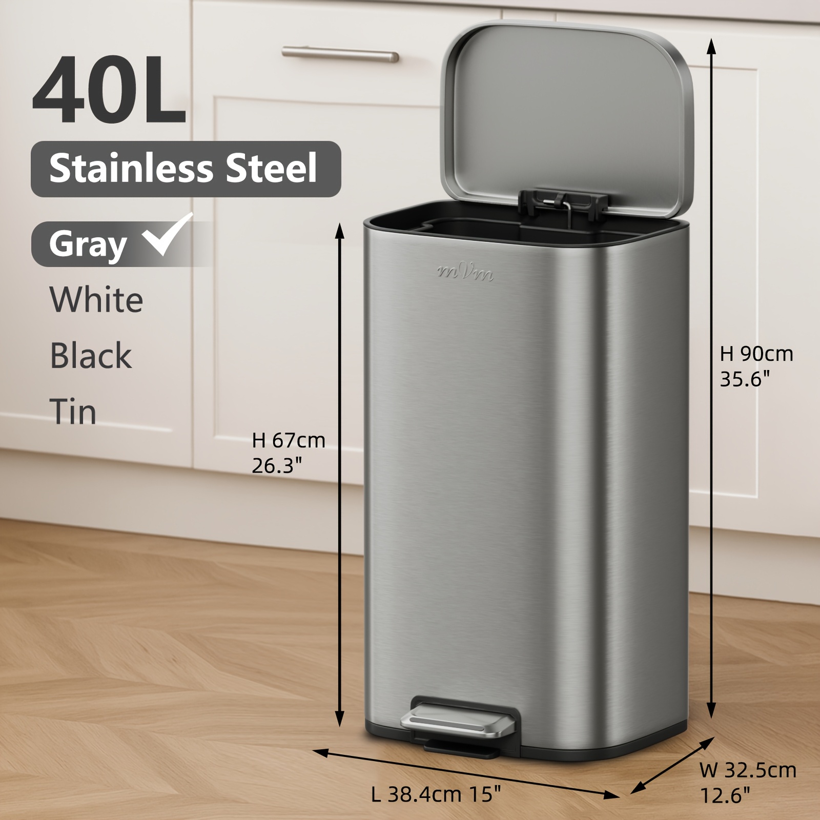 TEMU Mvm 40l Hardwearing Stainless Steel Pedal Bin With Removable Inner Bucket Featuring Quiet Close Action Effective Odour Seal Brushed Oil Finish
