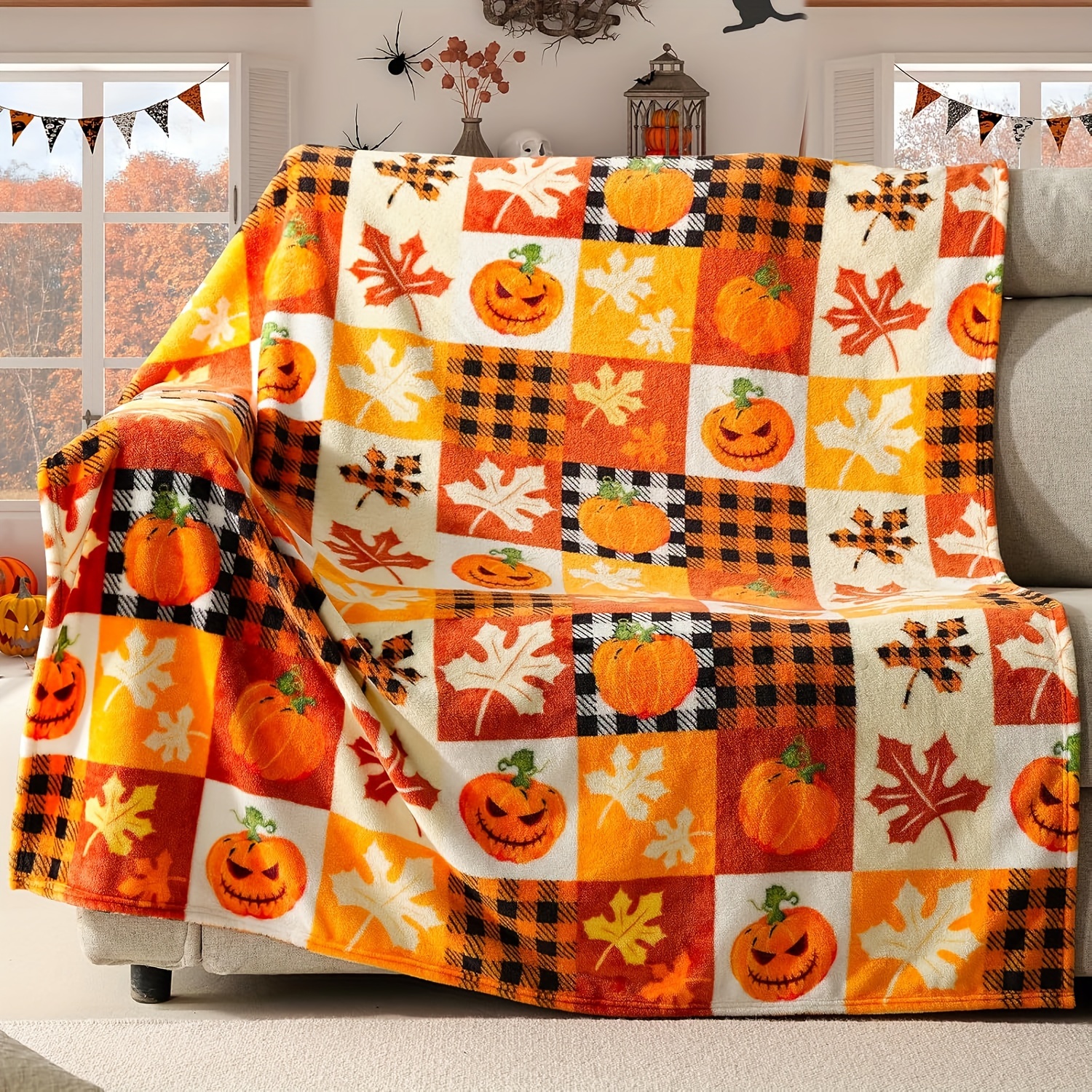 

Throw Blanket, Reversible Pumpkin , Soft Plush Sofa Or Bed, Luxurious Flannel Knee Blanket, Contemporary Style, Color, , Knitted Polyester, Use