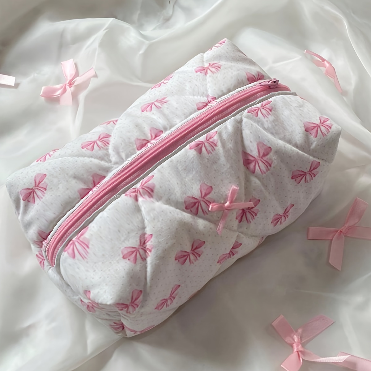 

Chic Rose Print Makeup Bag With Bowknot - Spacious & Portable Cosmetic Organizer, Non-waterproof Polyester