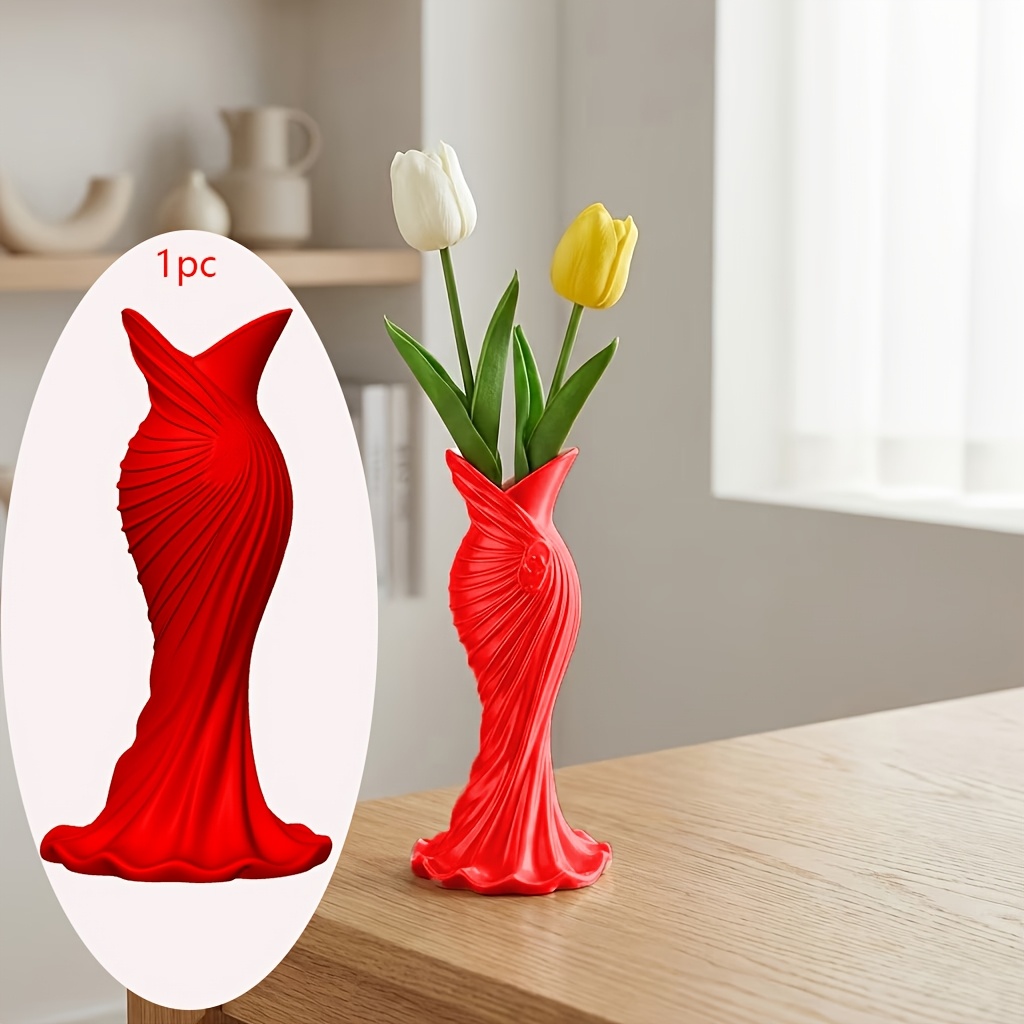 TEMU 1pc Plastic Evening Gown-shaped Desktop Ornament Vase, Sweet-style Artistic Flower Arrangement Holder, Home Decor Desktop Storage Ornament