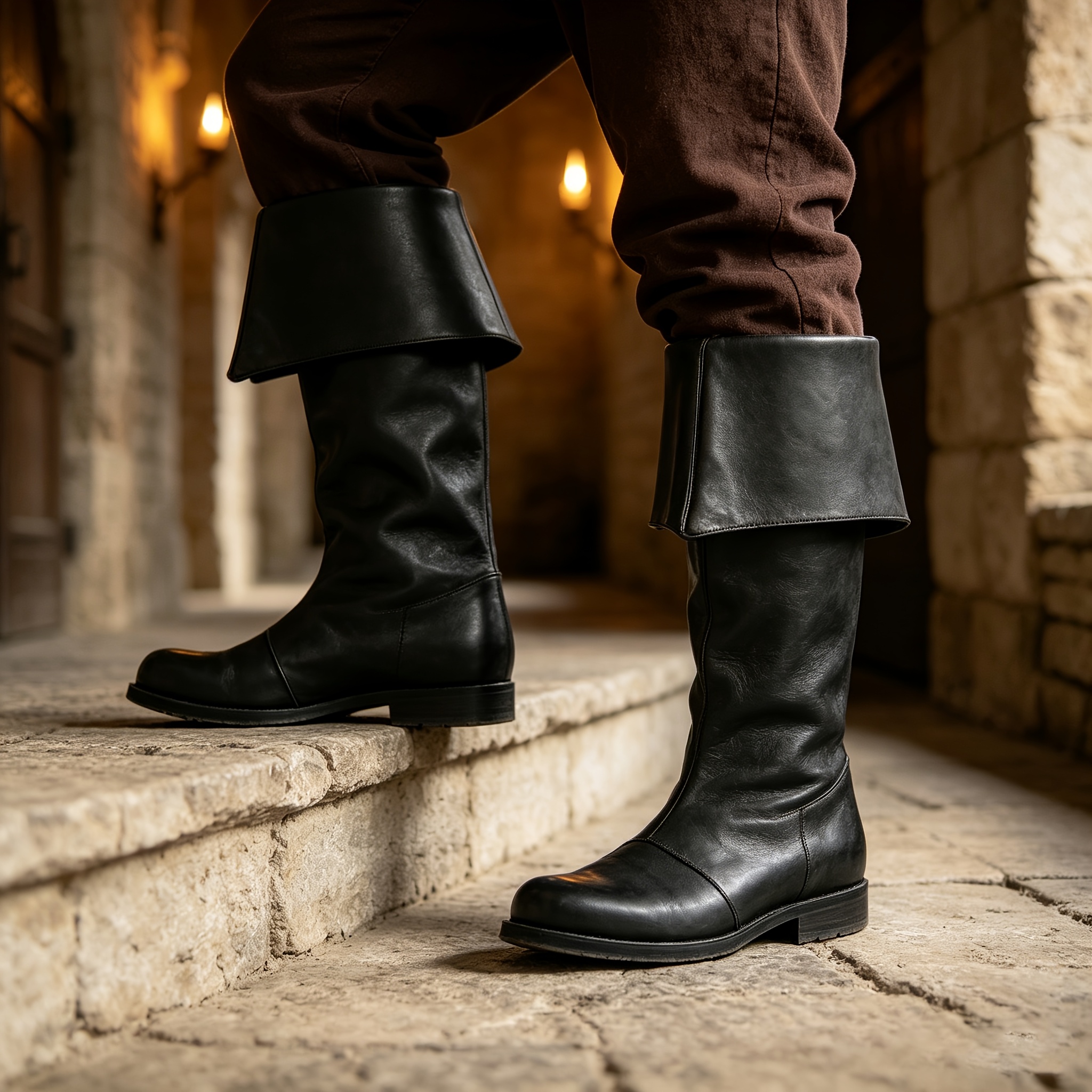 Image of Men Vintage Fold Cuff Pirate Tall Boots, Retro Medieval Renaissance Knee High Boots, Halloween Cosplay Costume Footwear For Pirate Knight Outfit