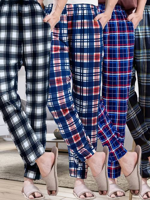 4pcs mens pajama pants polyester stretch tartan pants with pocket casual regular fit for spring and autumn