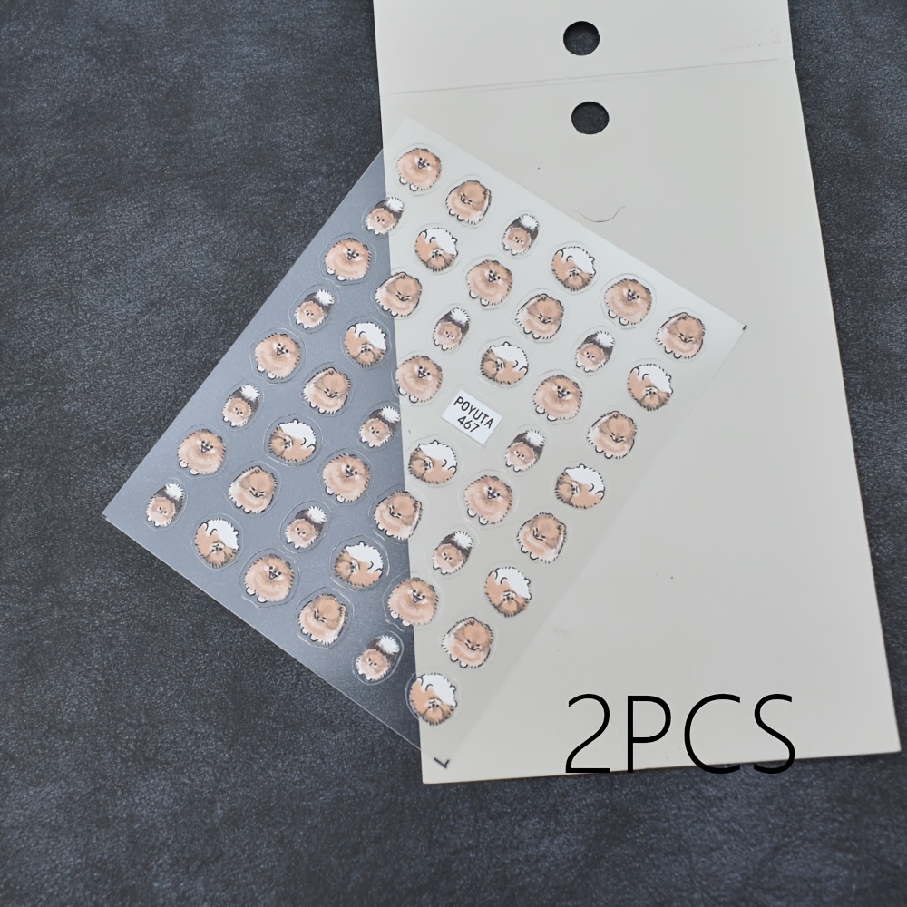 TEMU 2pcs Soft And Cute Pomeranian Puppy Nail Stickers Animal Theme Self-adhesive Disposable Embossed Nail Decoration Irregular Shape Instagram