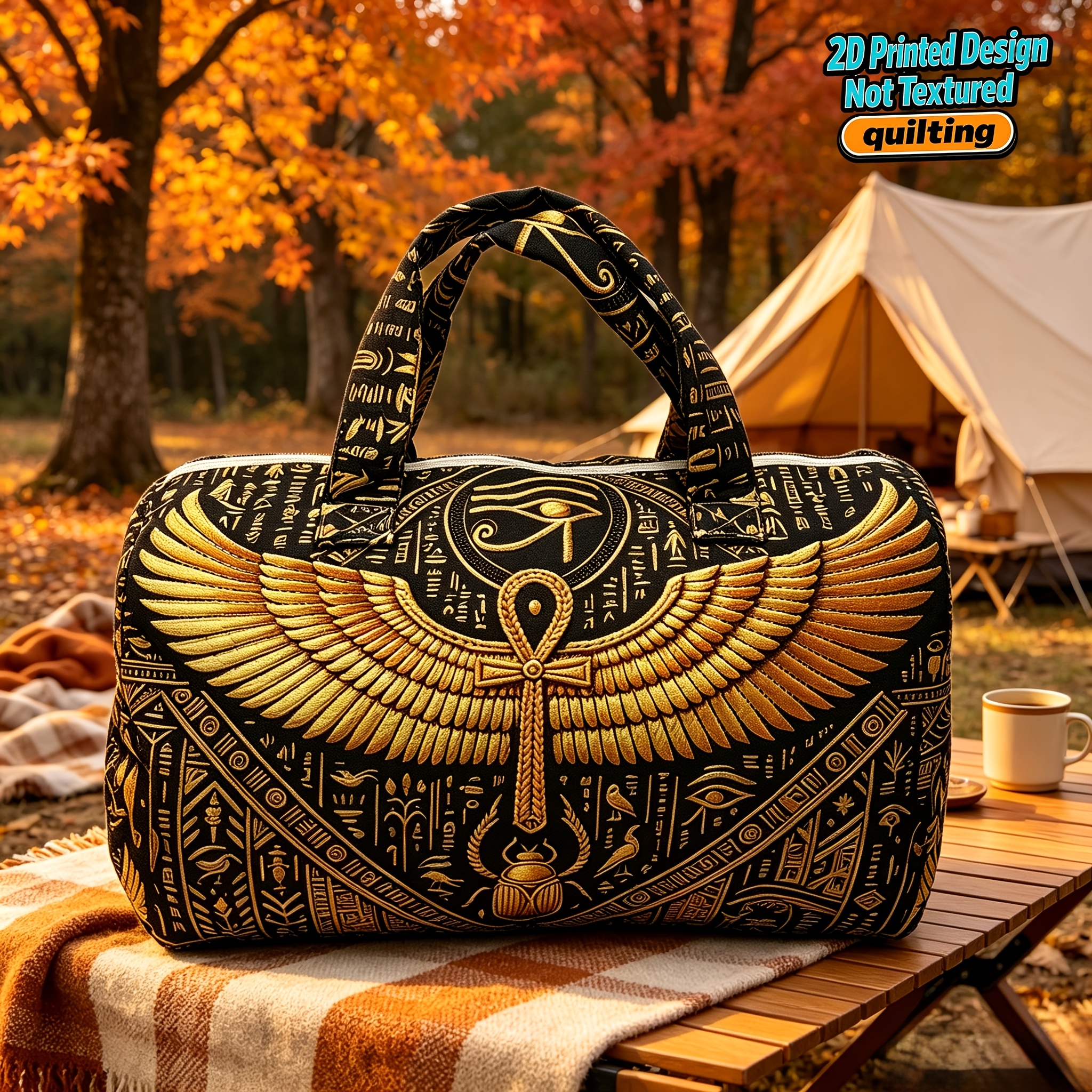 TEMU 1pc 2d Printed Designnot Texturedquilting Egyptian Retro Golden Wing Ankh Pattern Quilted Ladies Tote Bag, Large-capacity Travel Luggage Bag,