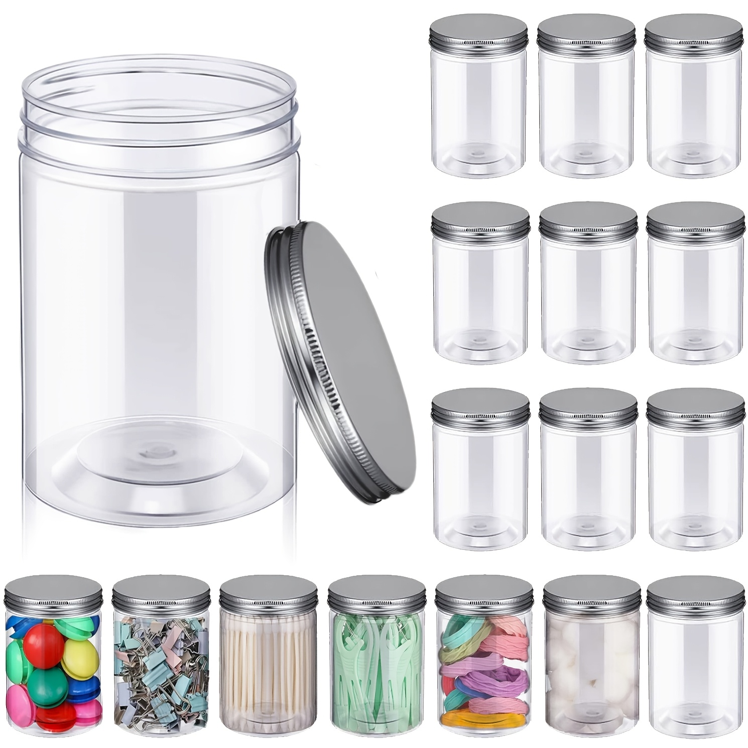 

6/8/9/12 Pack 10oz Round Clear Plastic Jars With Silvery Aluminum , 65mm Diameter, 100mm Height, Reusable, , For Storage Of Small Items