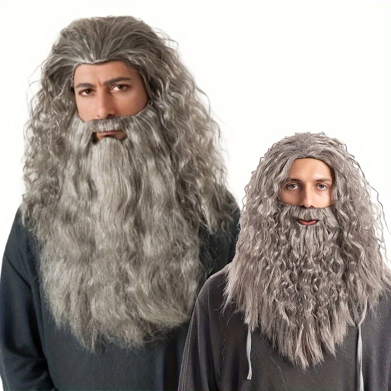 

Gray Wizard Costume Set With Long Curly Hair And Beard - Heat Resistant Synthetic Man Wig For , Cosplay & Themed Parties