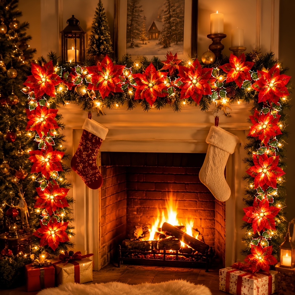 TEMU 1pc Christmas Poinsettia Garland With Indoor String Lights, Warm Led Red Flower Lights Battery Operated, Lighted Holiday Decorations For Home