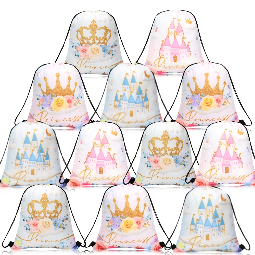 

12pcs Princess & -themed Drawstring Bags - Polyester, Reusable Party Favor Pouches With Castle Designs For Birthday, Christmas, Halloween - Ideal For Gifts & Candy, Princess Party Decorations