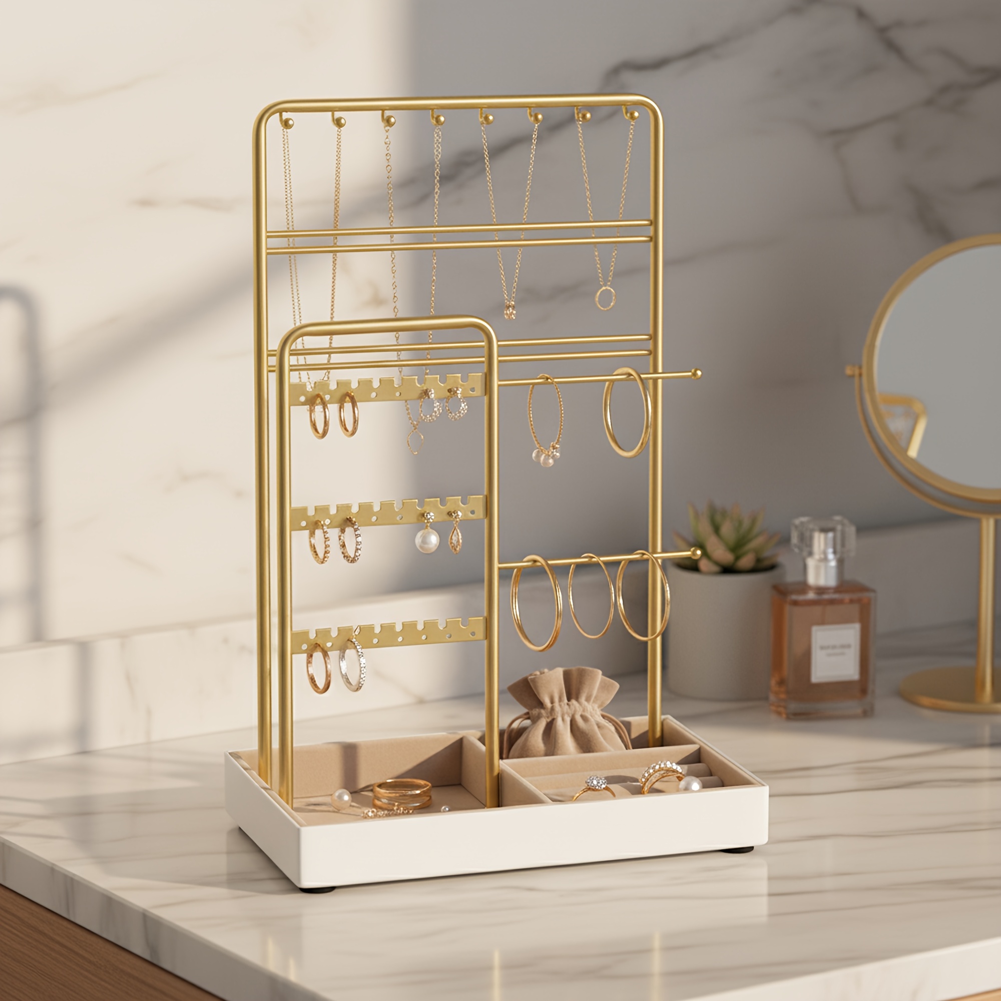 Image of Jewelry Storage, Jewelry Holder, Metal Frame, Velvet Jewelry Tray, Gift Idea, Golden, Jewelry Towers