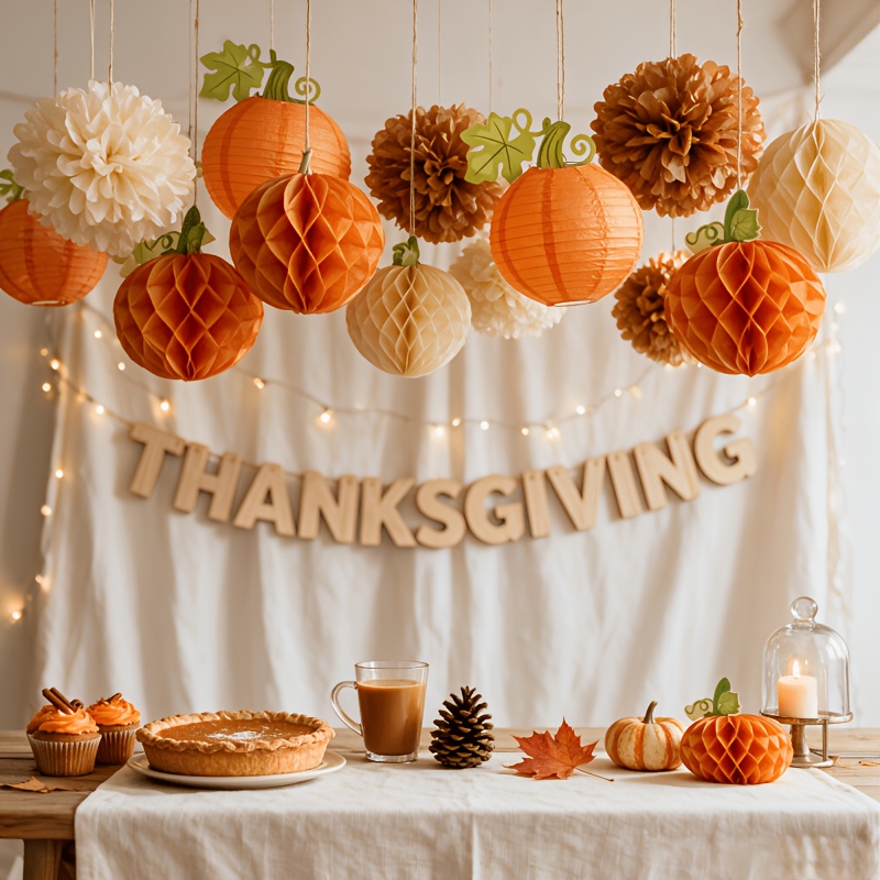 TEMU 12pcs Fall Pumpkin Hanging Decor Kit, Pumpkin Paper Lantern, Dual Sizes Tissue Pom Poms & Honeycomb Balls For Thanksgiving Ceiling Window Decor
