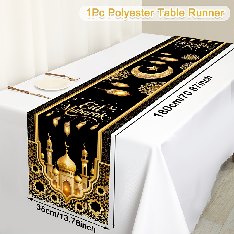Image of 1pc Tablecovers, 180x35cm Ramadan Tablecloth, Black Star Pattern, Eid Al-fitr & Eid Al Home Decor, Ramadan Decorations Kitchen Dining Table Decor, Indoor Outdoor Festival Party Celebration Supplies