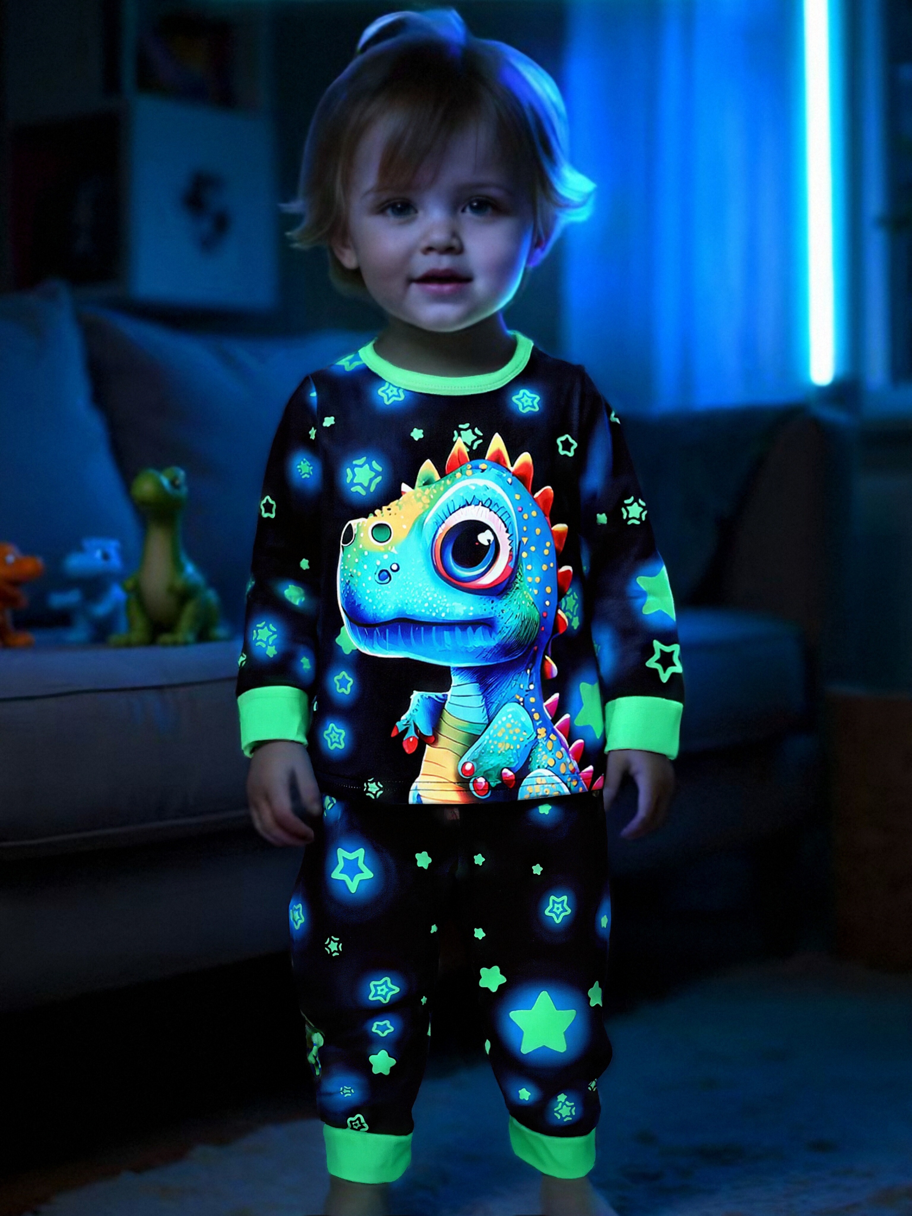 item picture 2pcs boys dinosaur pajama set long sleeve pajamas with matching pants soft sleepwear for kids dinosaur print bedding outfit 2pcs set machine washable   sleepwear for bedtime party ideal boys gift