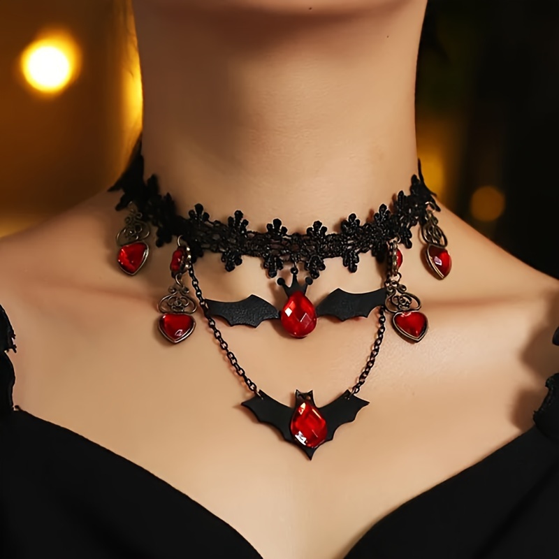 

Vintage Elegant Gothic Bat Lace Choker Necklace With Red Rhinestone Pendants, No Plating Alloy, Ideal For Halloween Parties And Festive Celebrations, Versatile For All Seasons