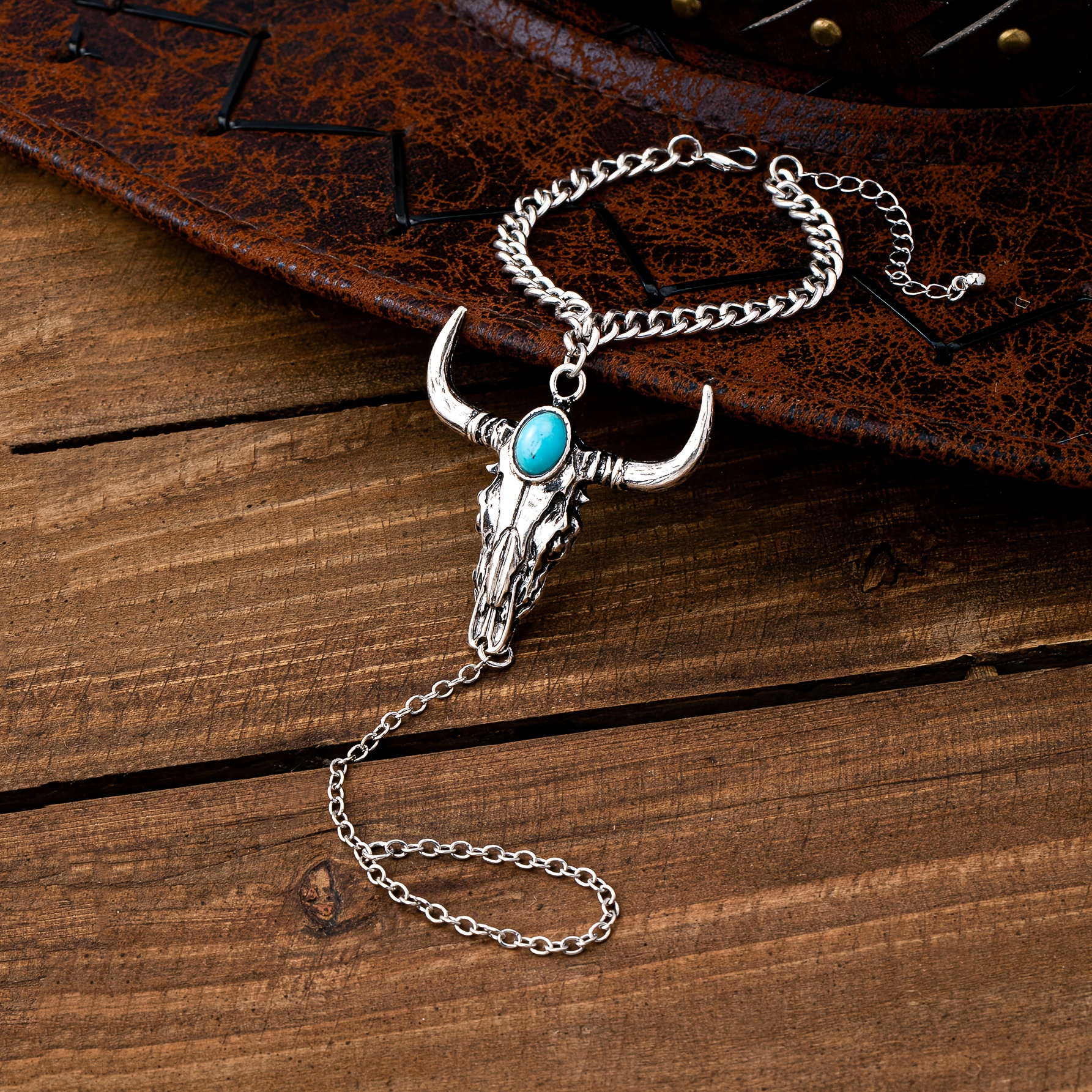 E-shop Western Cowboy Style Türkis Bull Skull Design Armband und Ring Integrierte Schmuckstücke, Geeignet für Damen Alltagskleidung und