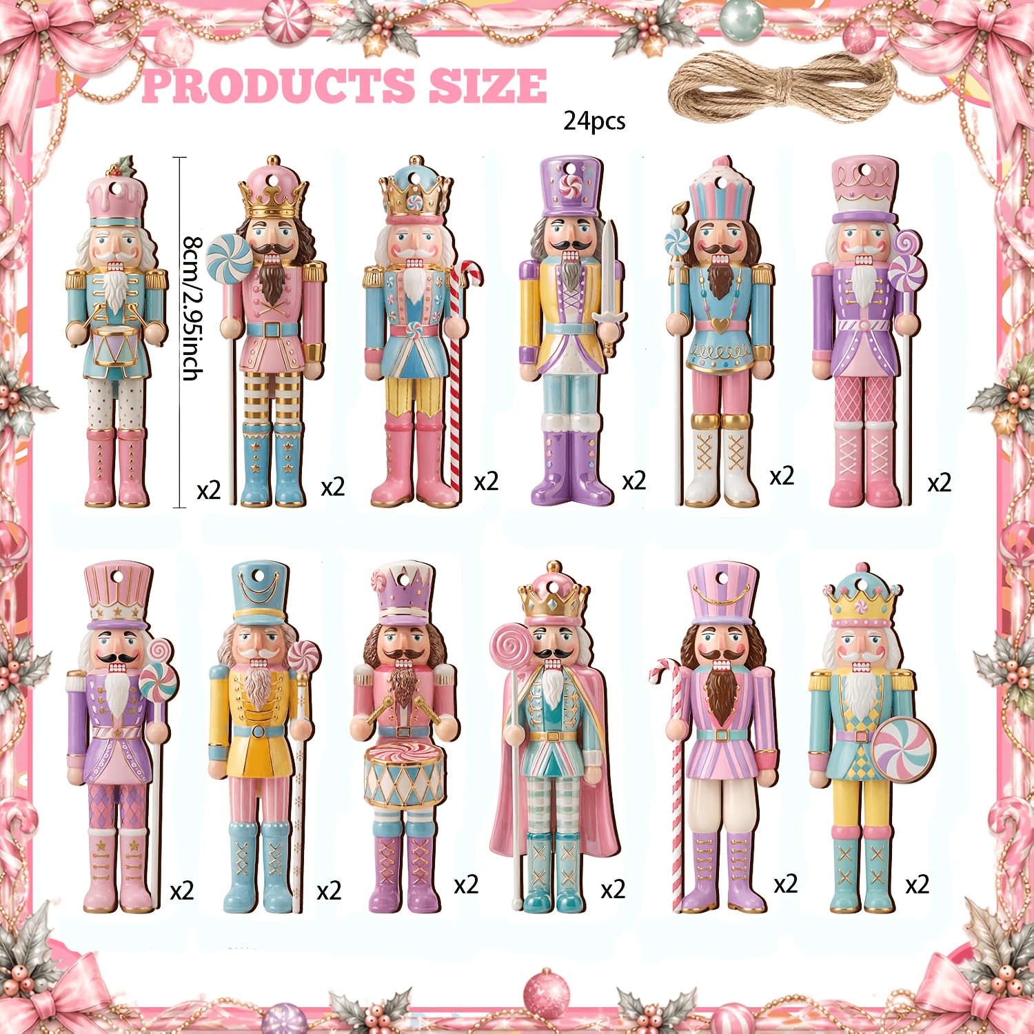 TEMU 2d Flat 24pcs Christmas Nutcracker Decorative Wooden Macaron Ornaments, Nutcracker Decorations For Christmas Tree, Wooden Crafts, Pastel Soldier