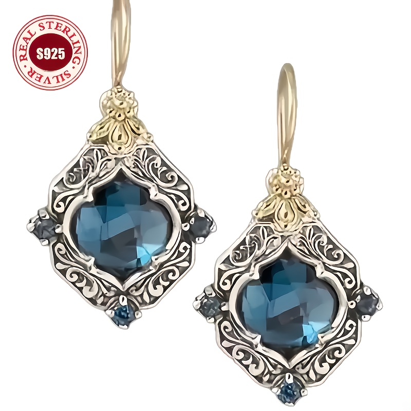 TEMU S925 Pure Silvery Vintage Carved Asymmetrical Earrings, Court-style Dual-color Golden Hook Earrings, Octagonal Hollow Inlaid Fashionable Design,